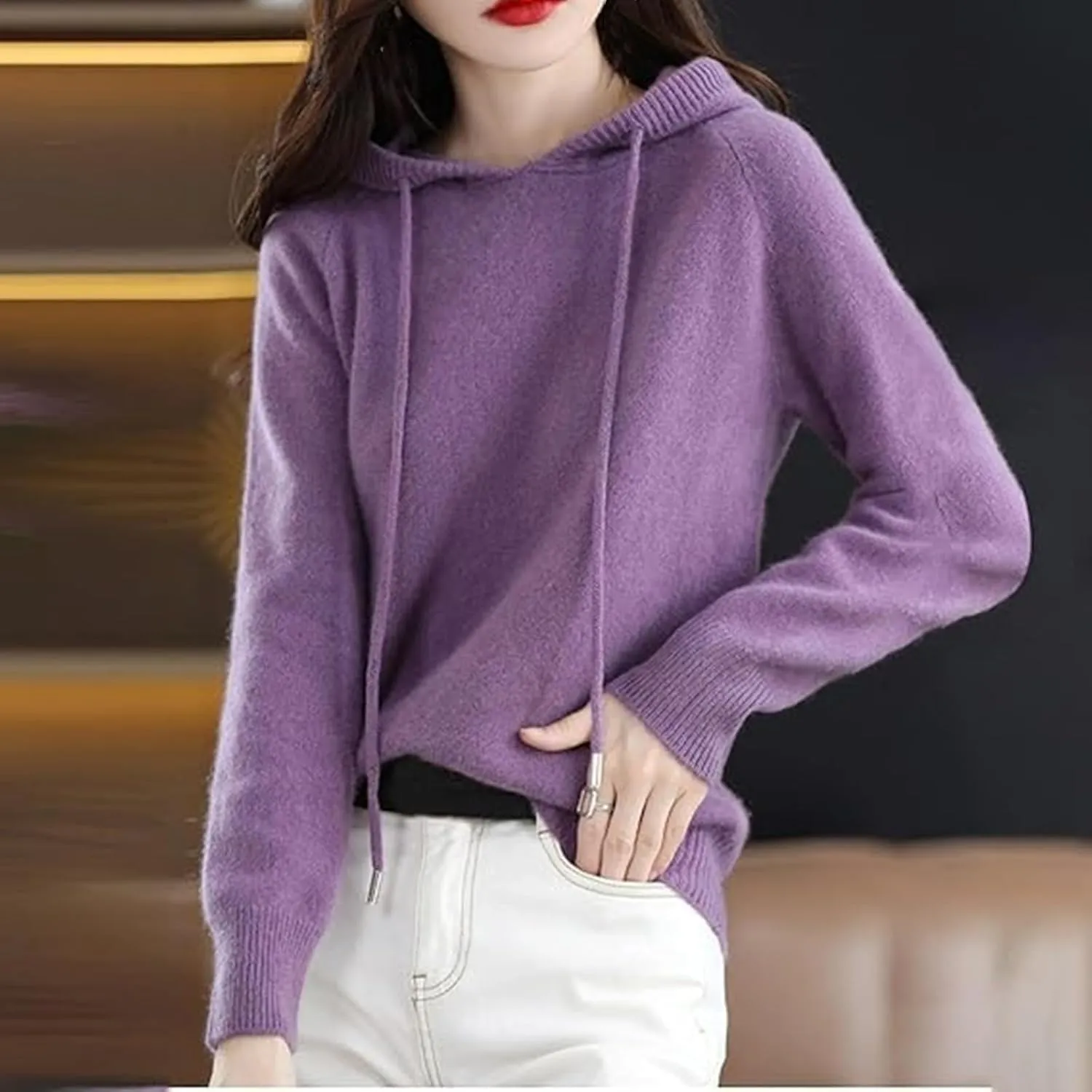 Women's Cashmere Sweater with Hooded Pullovers, Warm Knit Bottomed Drawstring Thick Sweater, Casual Loose Streetwear