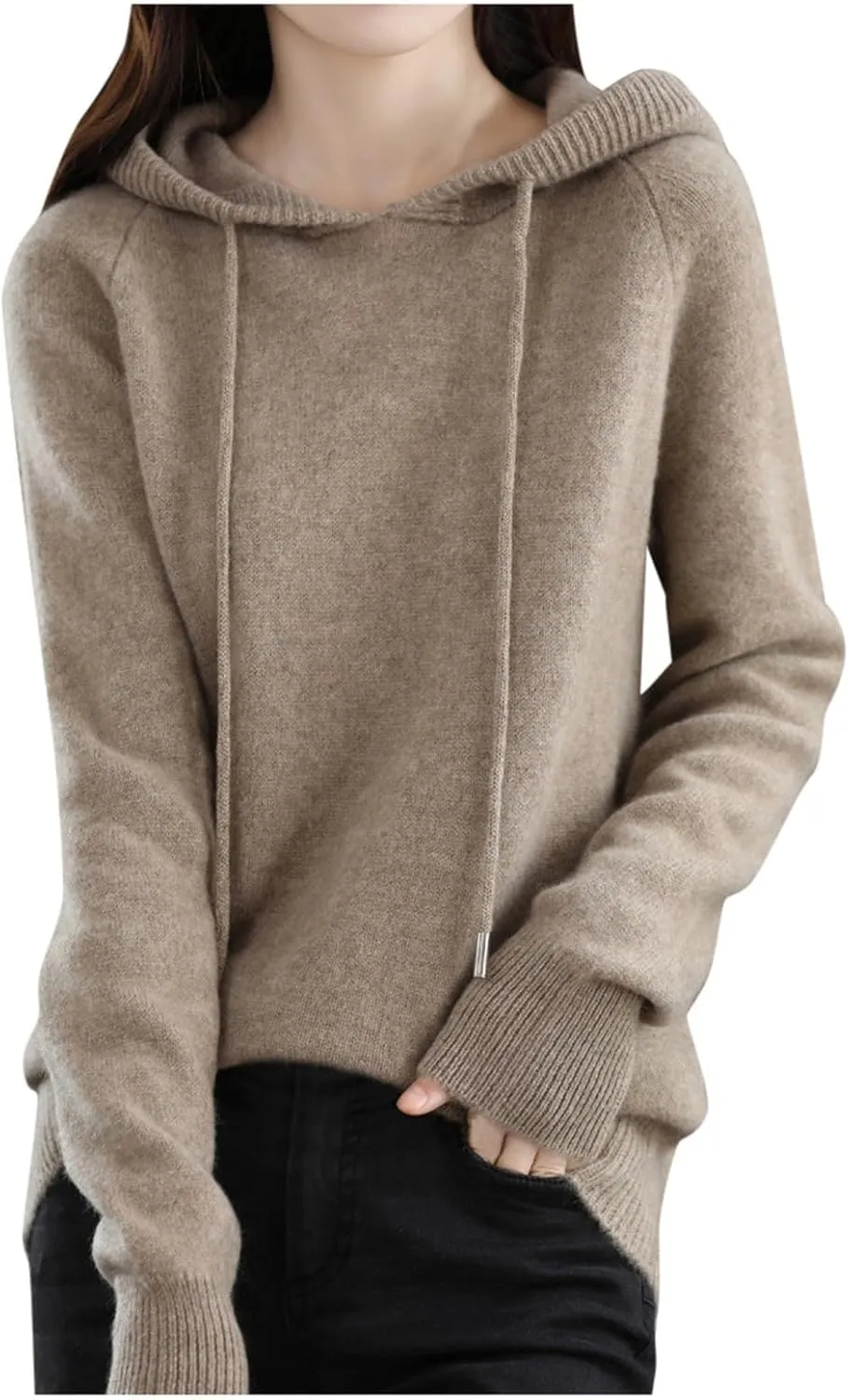 Women's Cashmere Sweater with Hooded Pullovers, Warm Knit Bottomed Drawstring Thick Sweater, Casual Loose Streetwear
