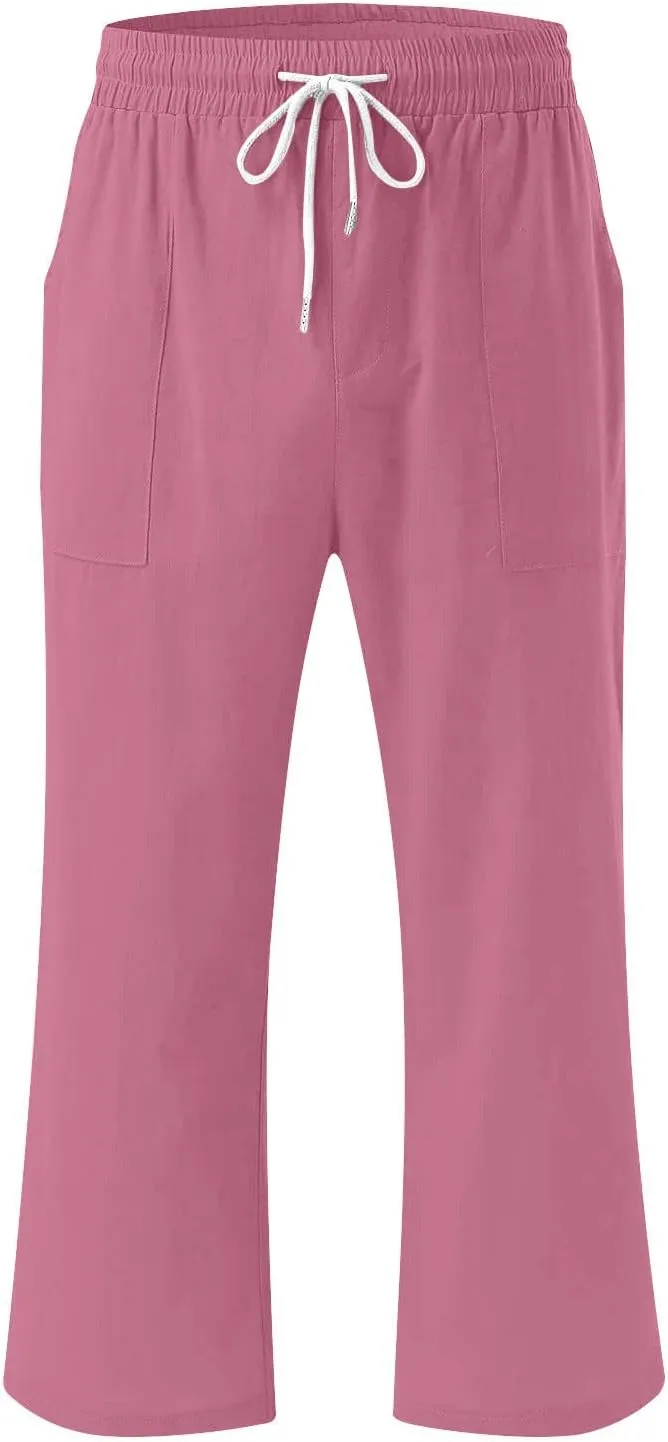 Womens Casual Cotton Linen Pants Lightweight Summer Loose Fit Elastic Waist Capris Solid Lounge Cropped Trousers