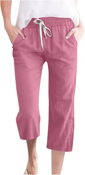 Womens Casual Cotton Linen Pants Lightweight Summer Loose Fit Elastic Waist Capris Solid Lounge Cropped Trousers