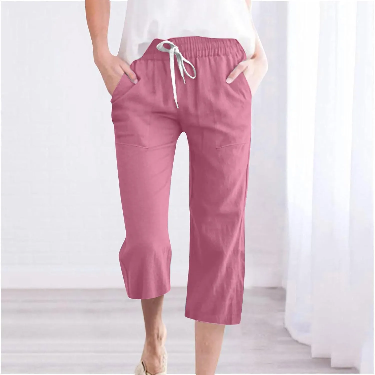 Womens Casual Cotton Linen Pants Lightweight Summer Loose Fit Elastic Waist Capris Solid Lounge Cropped Trousers