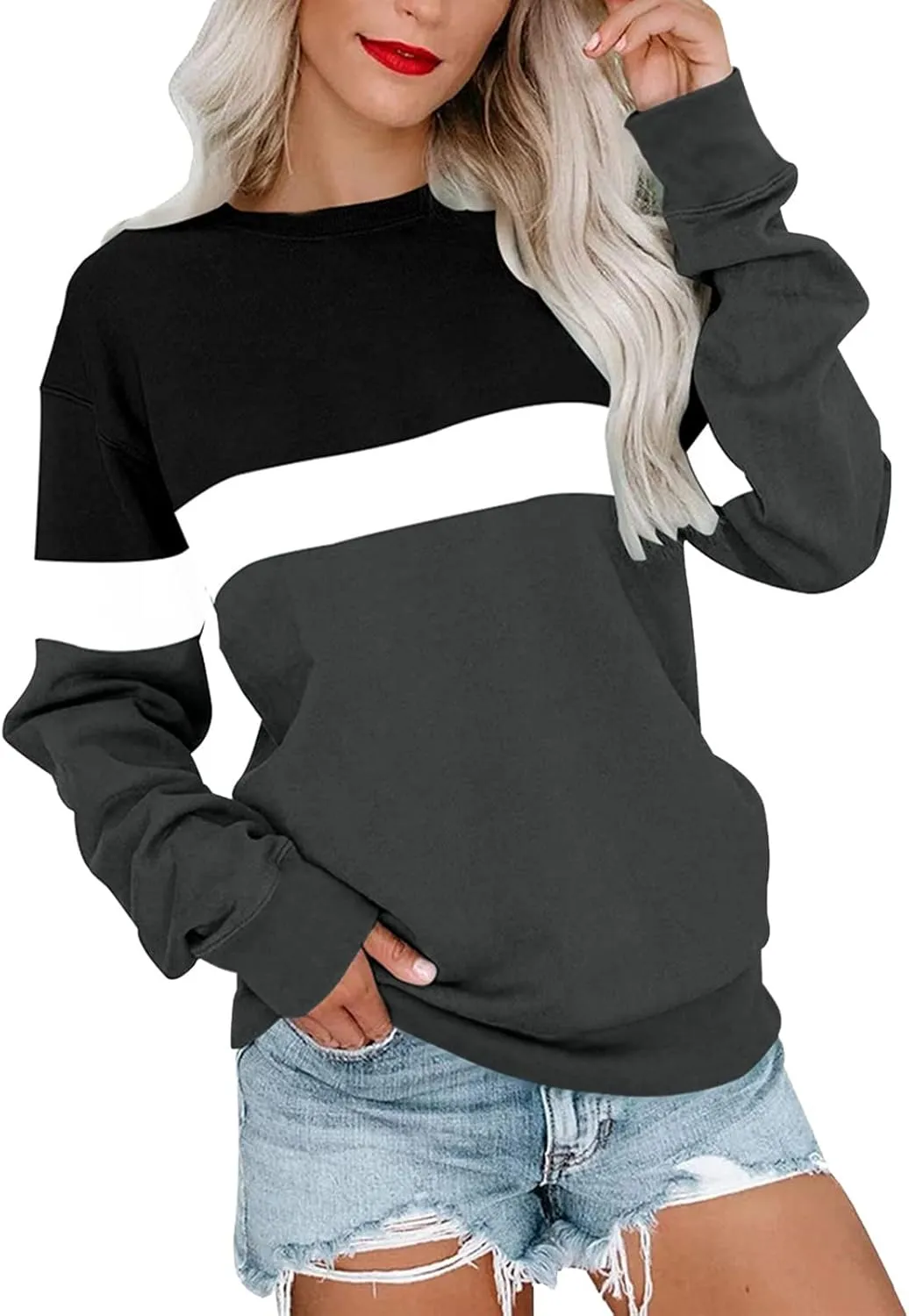 Womens Casual Crewneck Sweatshirt Long Sleeve Solid Color Shirt Soft Lightweight Loose Top Fall Clothes