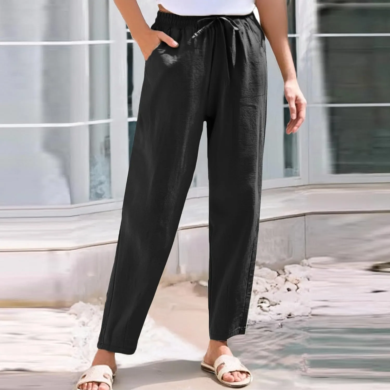 Womens Casual Linen High Waist Pants Drawstring Loose Fit Summer Beach Pants Trousers with Pockets