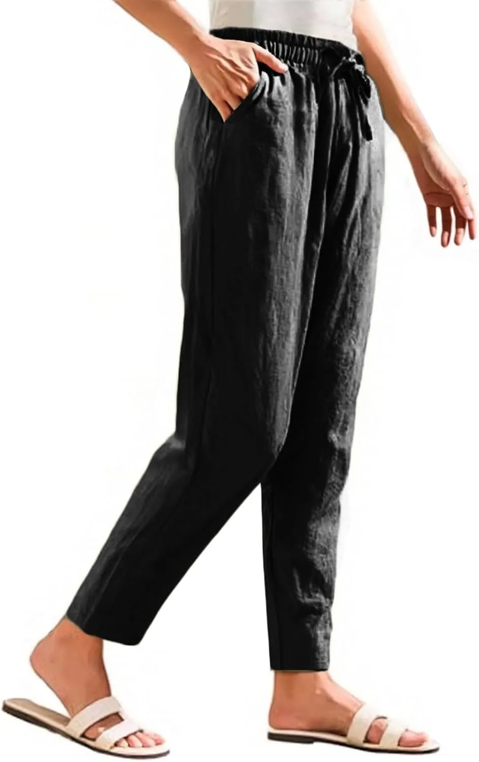 Womens Casual Linen High Waist Pants Drawstring Loose Fit Summer Beach Pants Trousers with Pockets