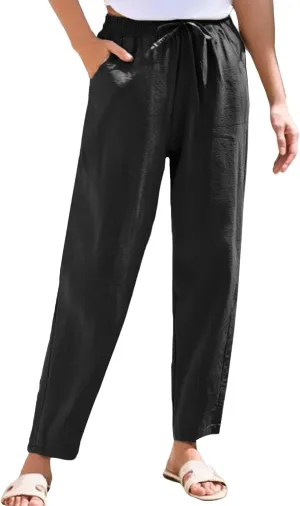 Womens Casual Linen High Waist Pants Drawstring Loose Fit Summer Beach Pants Trousers with Pockets