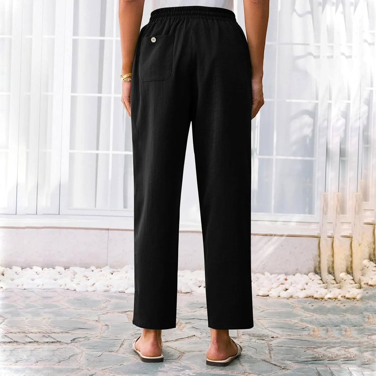 Womens Casual Linen High Waist Pants Drawstring Loose Fit Summer Beach Pants Trousers with Pockets