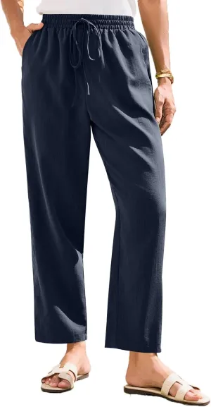 Womens Casual Linen High Waist Pants Drawstring Loose Fit Summer Beach Pants Trousers with Pockets