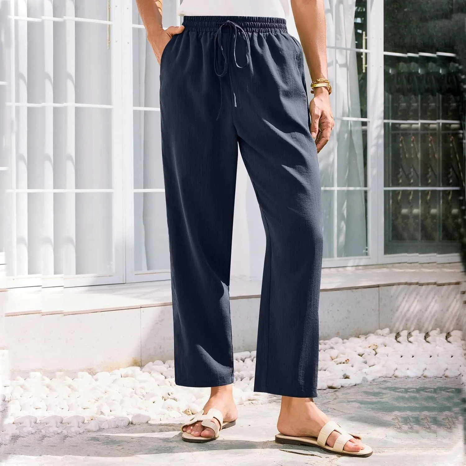 Womens Casual Linen High Waist Pants Drawstring Loose Fit Summer Beach Pants Trousers with Pockets