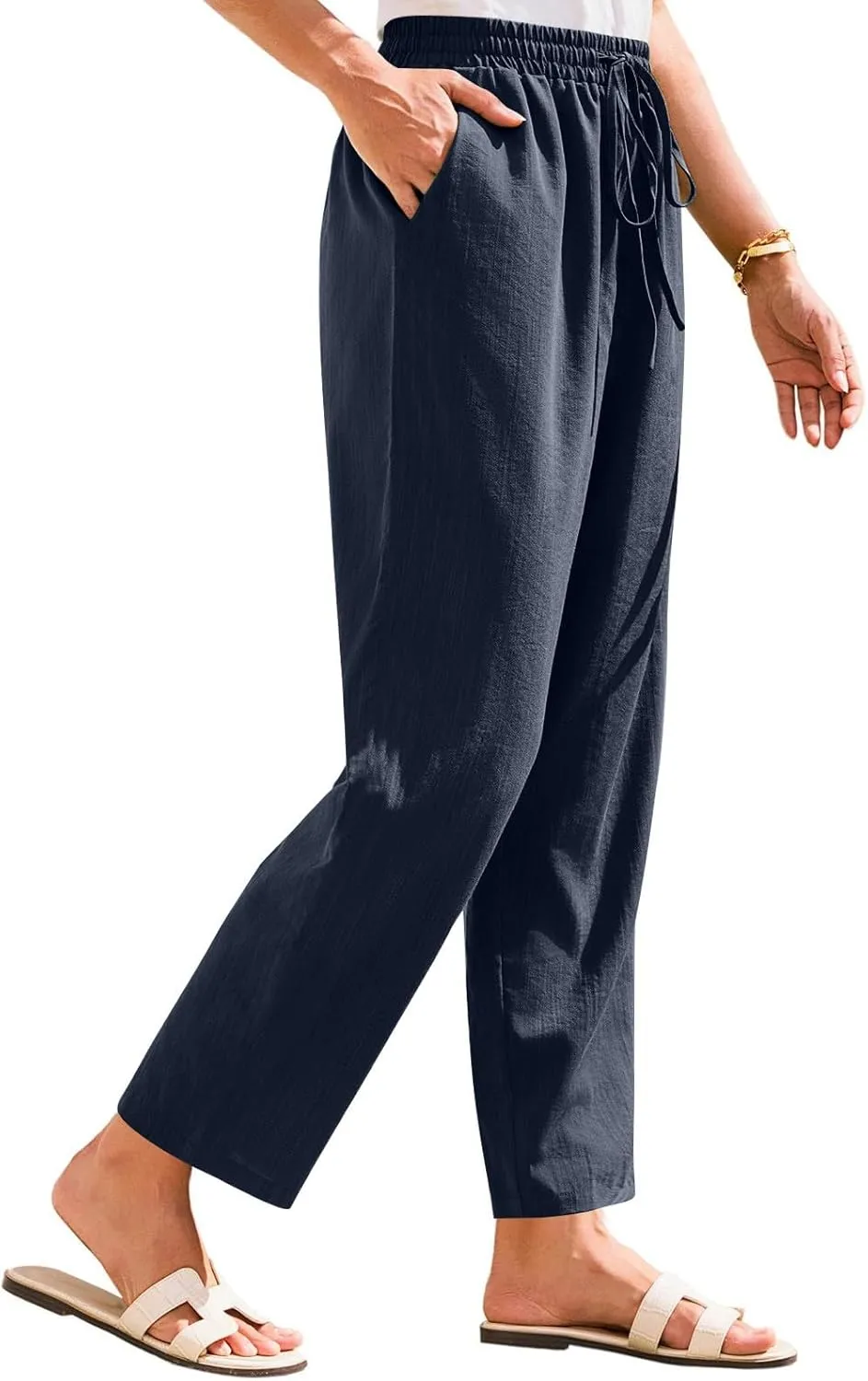 Womens Casual Linen High Waist Pants Drawstring Loose Fit Summer Beach Pants Trousers with Pockets
