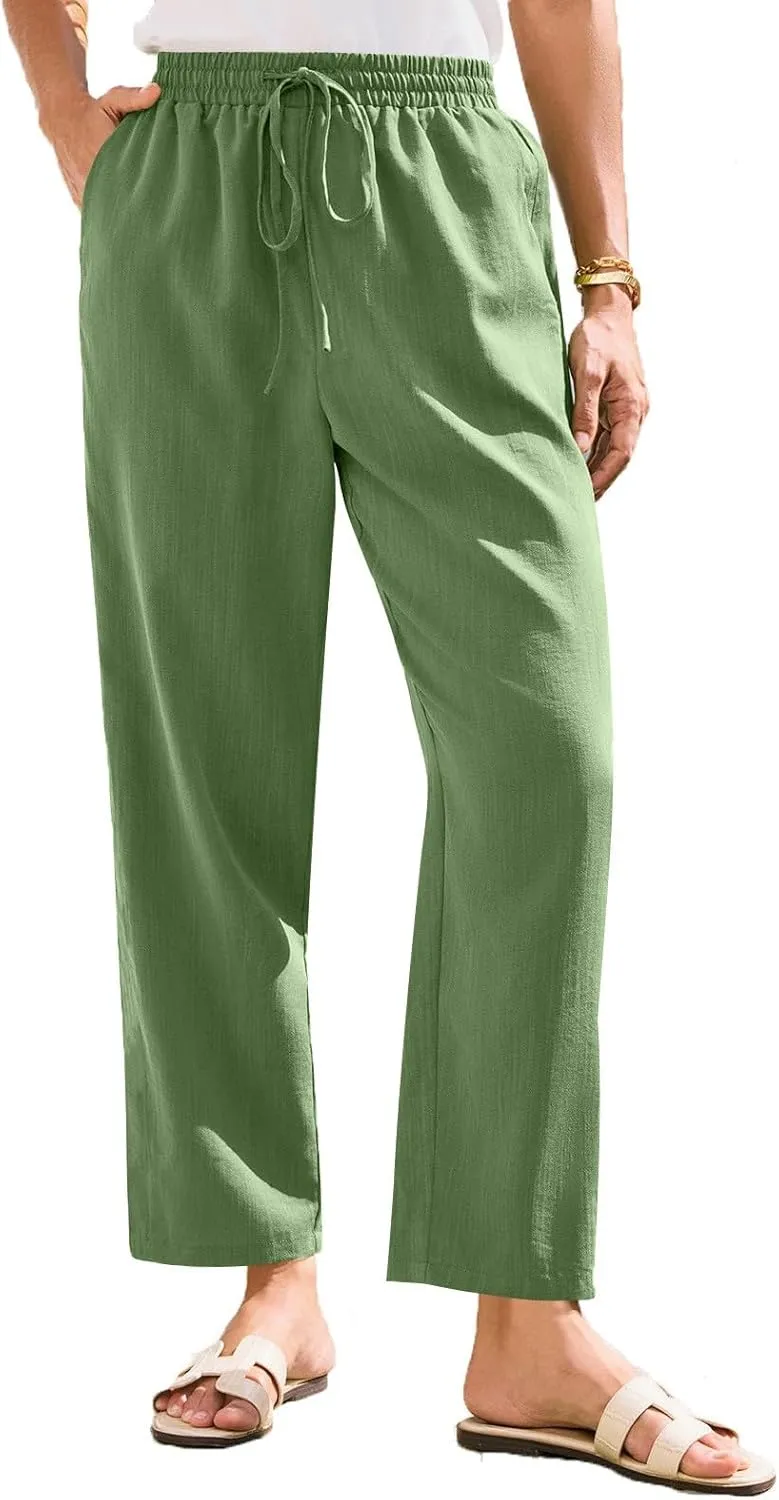 Women's Cotton Linen Straight Leg Pants Elastic Drawstring Trousers with Pockets Summer Beach Lounge Pants