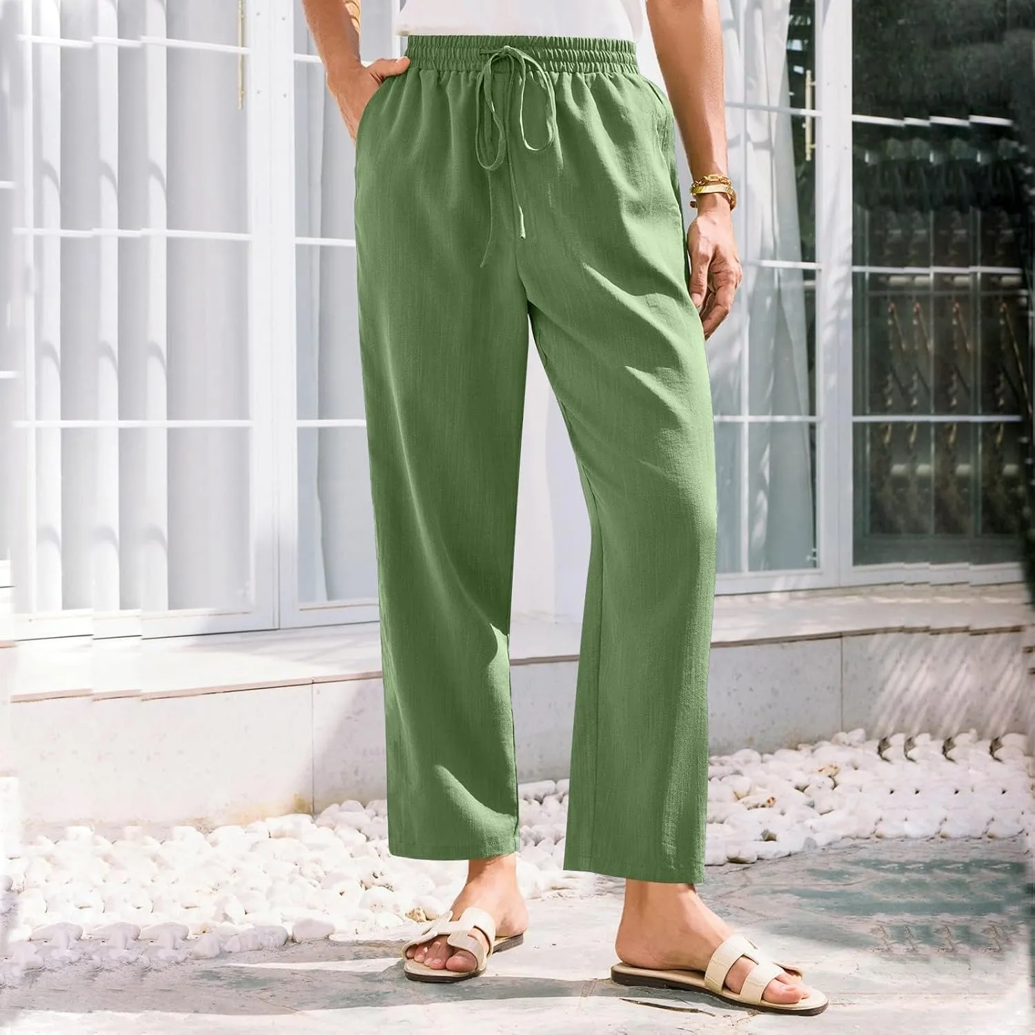 Women's Cotton Linen Straight Leg Pants Elastic Drawstring Trousers with Pockets Summer Beach Lounge Pants