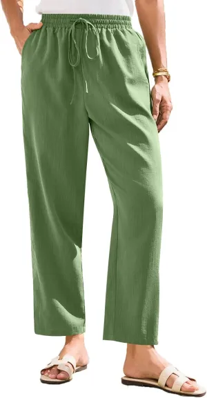Women's Cotton Linen Straight Leg Pants Elastic Drawstring Trousers with Pockets Summer Beach Lounge Pants
