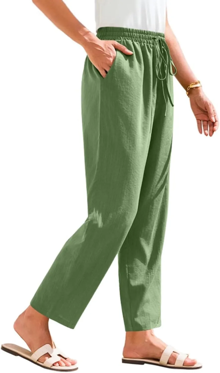 Women's Cotton Linen Straight Leg Pants Elastic Drawstring Trousers with Pockets Summer Beach Lounge Pants