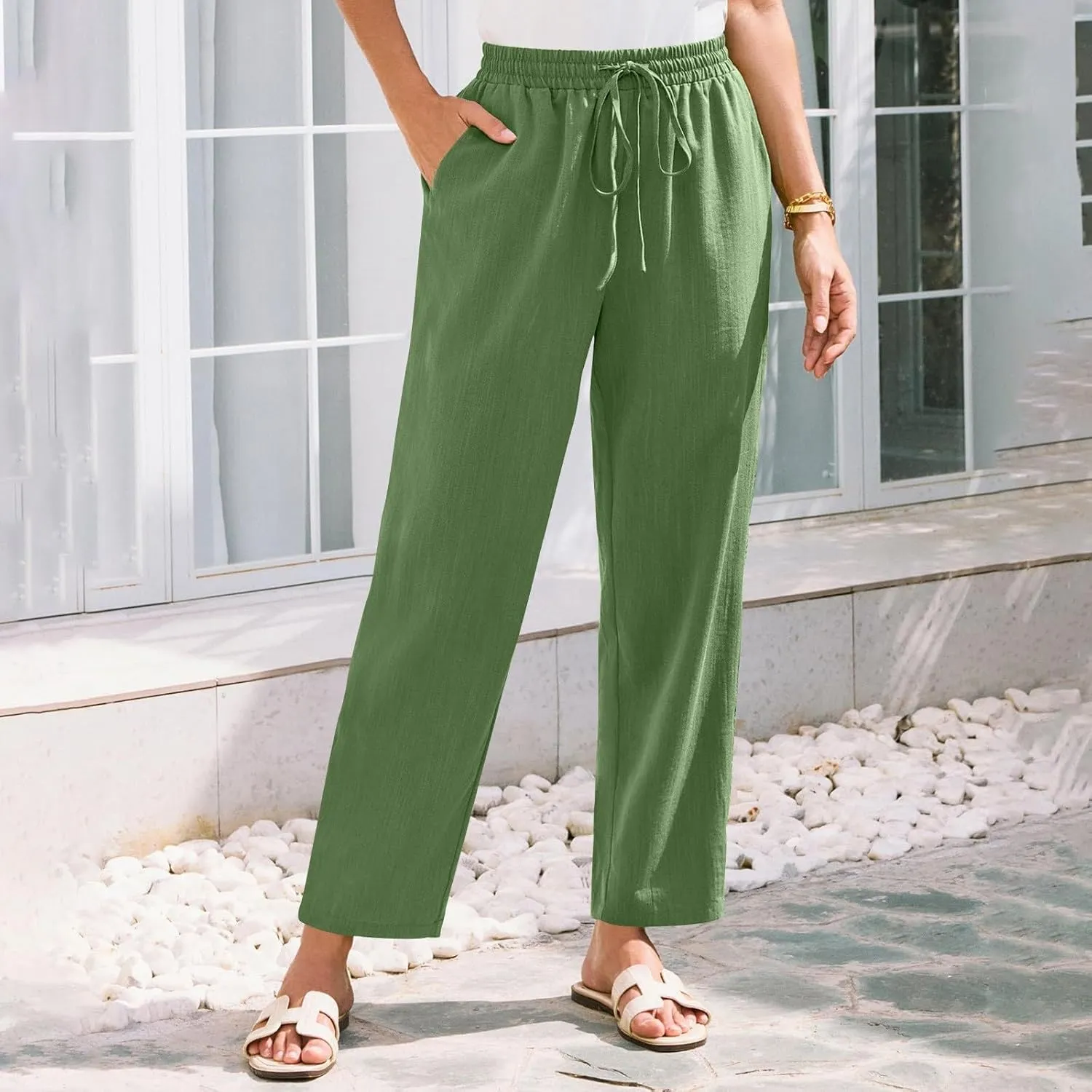 Women's Cotton Linen Straight Leg Pants Elastic Drawstring Trousers with Pockets Summer Beach Lounge Pants