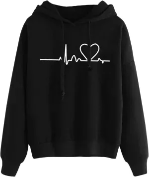 Womens Drawstring Hoodie Long Sleeve Heart Print Pullover Hooded Sweatshirt Fleece Lined Thicken Warm Fall Trendy Tops