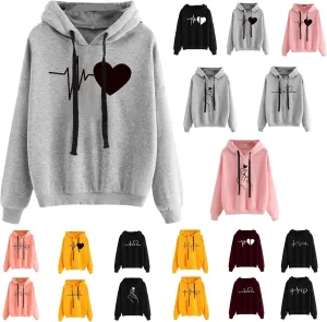 Womens Drawstring Hoodie Long Sleeve Heart Print Pullover Hooded Sweatshirt Fleece Lined Thicken Warm Fall Trendy Tops