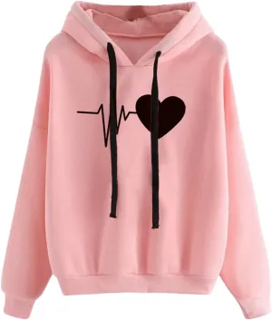 Womens Drawstring Hoodie Long Sleeve Heart Print Pullover Hooded Sweatshirt Fleece Lined Thicken Warm Fall Trendy Tops