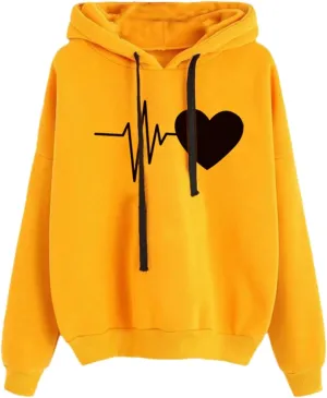 Womens Drawstring Hoodie Long Sleeve Heart Print Pullover Hooded Sweatshirt Fleece Lined Thicken Warm Fall Trendy Tops