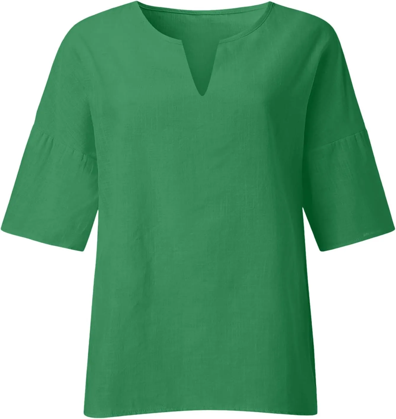 Women's Elbow Sleeve Cotton Linen Tops Simple Solid Color Tees Shirts V Neck Loose Lightweight Blouse