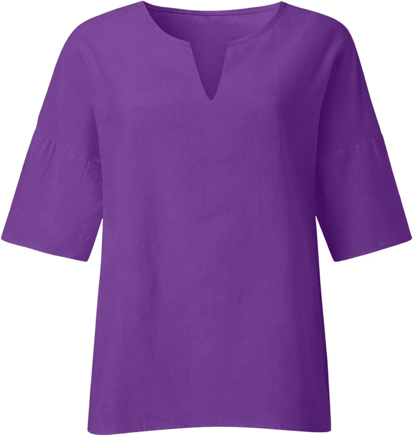 Women's Elbow Sleeve Cotton Linen Tops Simple Solid Color Tees Shirts V Neck Loose Lightweight Blouse