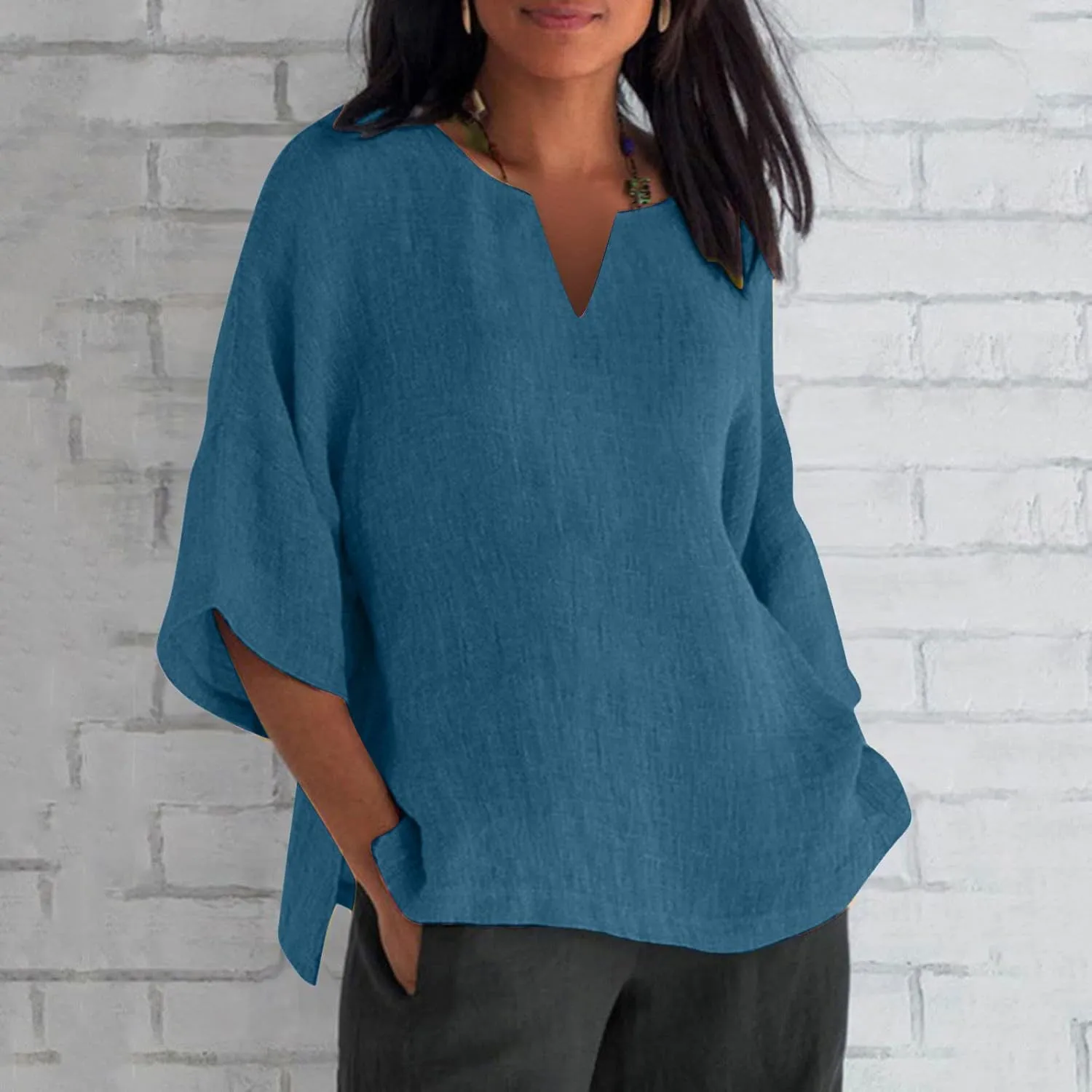 Women's Elbow Sleeve Cotton Linen Tops Simple Solid Color Tees Shirts V Neck Loose Lightweight Blouse