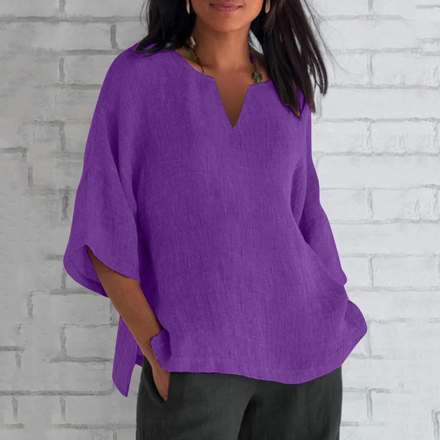 Women's Elbow Sleeve Cotton Linen Tops Simple Solid Color Tees Shirts V Neck Loose Lightweight Blouse