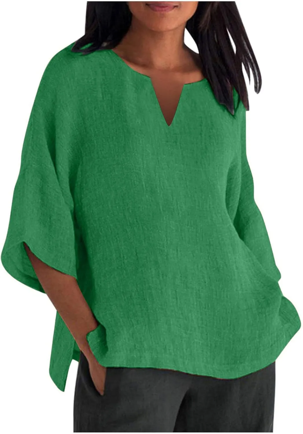 Women's Elbow Sleeve Cotton Linen Tops Simple Solid Color Tees Shirts V Neck Loose Lightweight Blouse