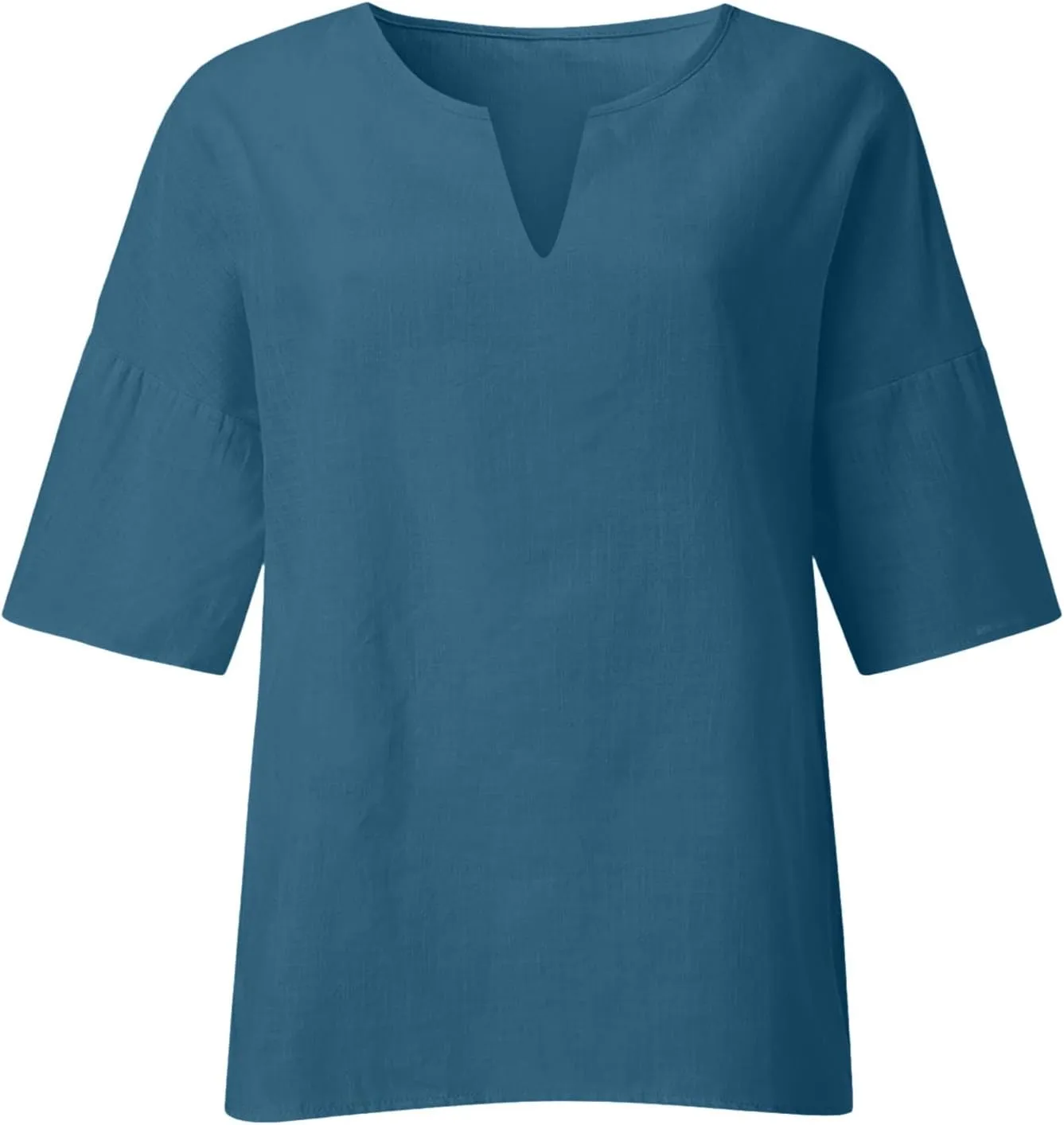 Women's Elbow Sleeve Cotton Linen Tops Simple Solid Color Tees Shirts V Neck Loose Lightweight Blouse