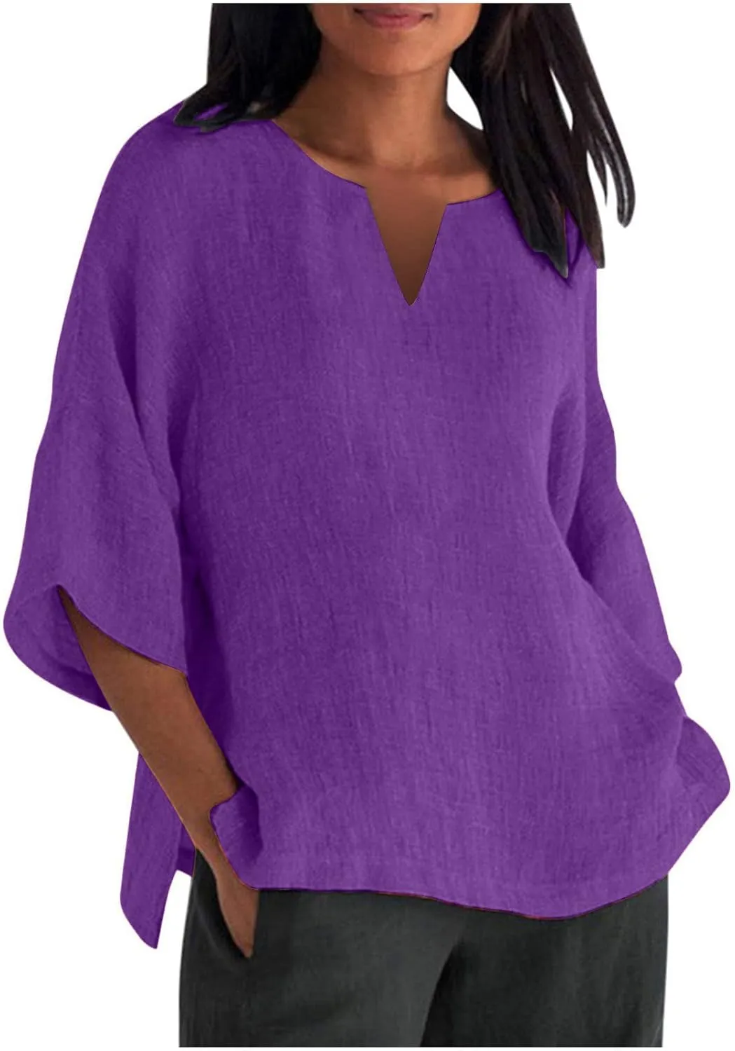 Women's Elbow Sleeve Cotton Linen Tops Simple Solid Color Tees Shirts V Neck Loose Lightweight Blouse