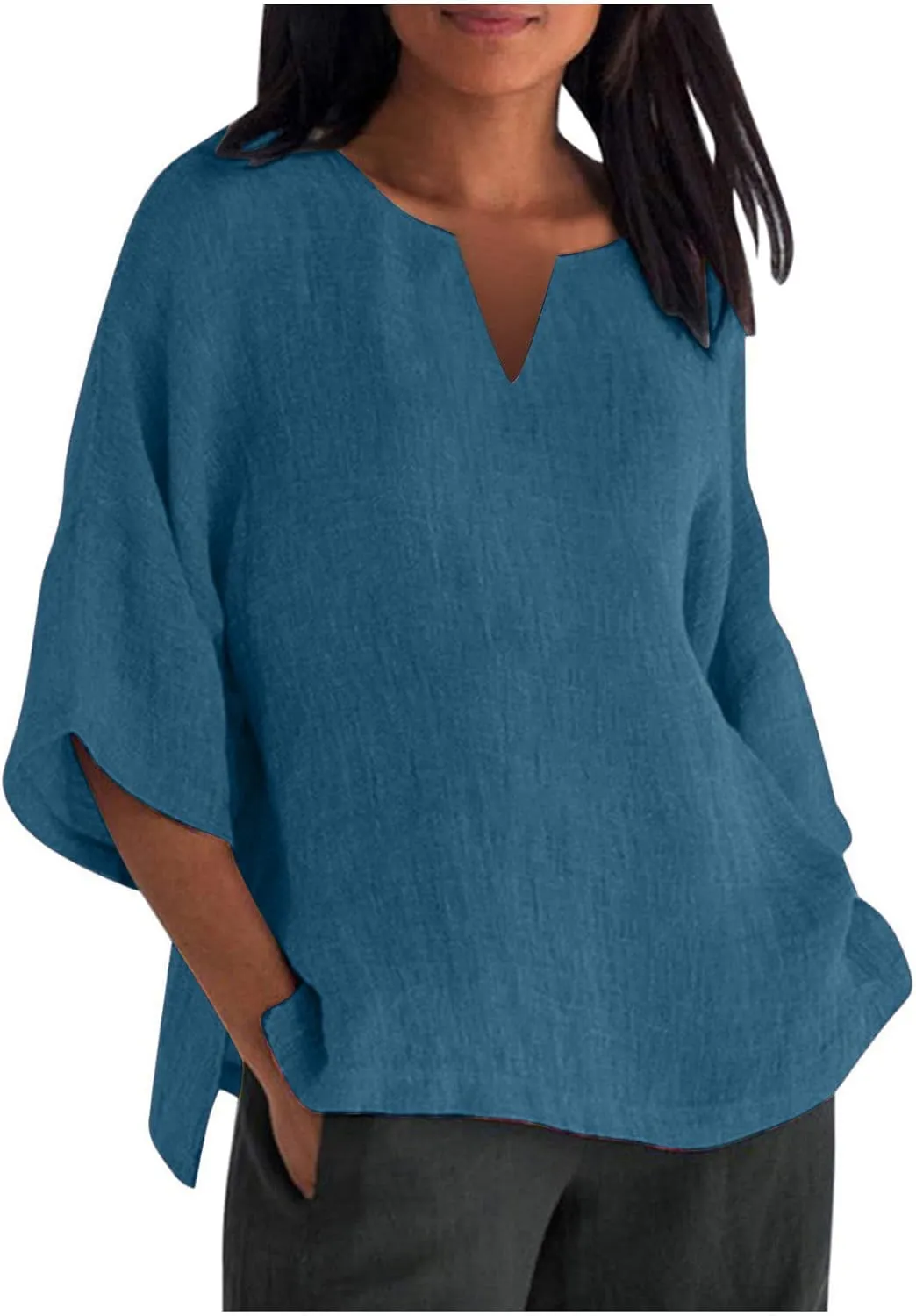 Women's Elbow Sleeve Cotton Linen Tops Simple Solid Color Tees Shirts V Neck Loose Lightweight Blouse
