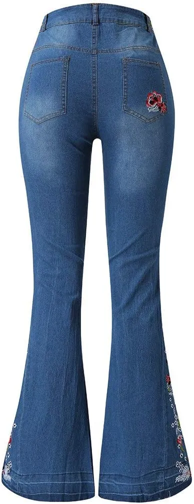 Women's Embroidered Bell Bottom Pants - Bootcut Flare Jeans with Button Fly - 70S Vintage Y2K Style