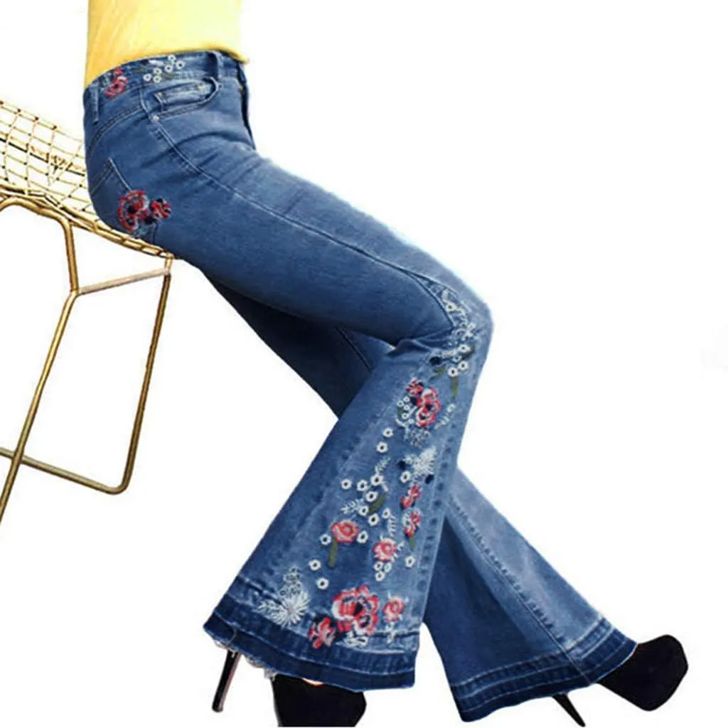 Women's Embroidered Bell Bottom Pants - Bootcut Flare Jeans with Button Fly - 70S Vintage Y2K Style