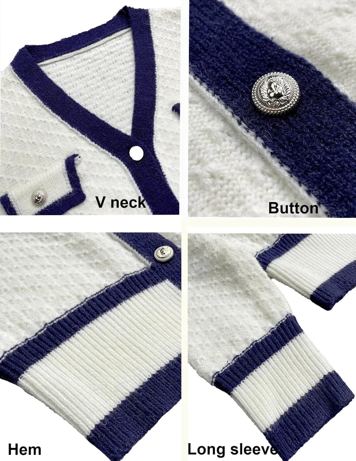 Womens Fall Laies Cute Ribbed Knit V Neck Color Block Striped Button Fake Pocket Long Sleeve Sweater Cardigan 2024