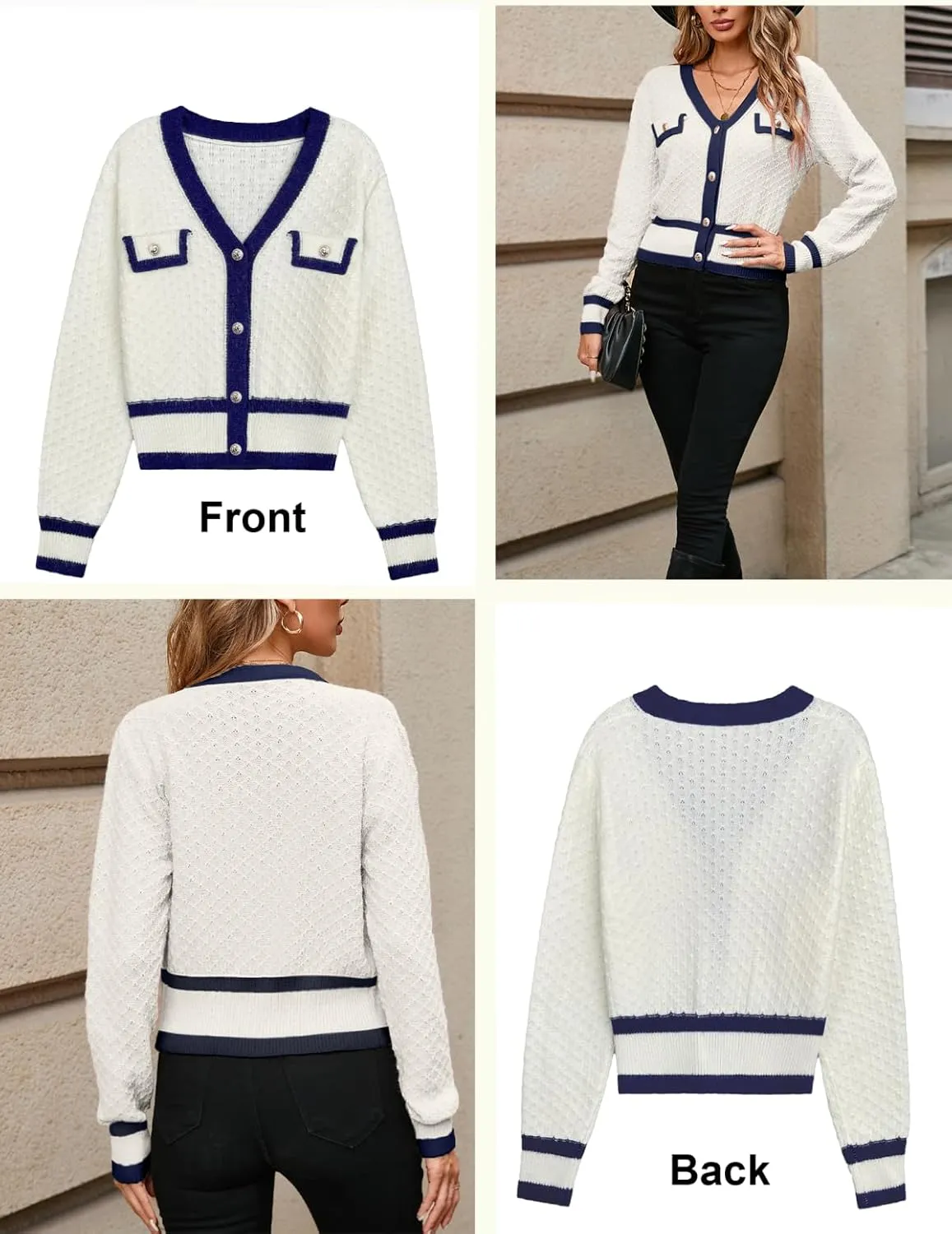 Womens Fall Laies Cute Ribbed Knit V Neck Color Block Striped Button Fake Pocket Long Sleeve Sweater Cardigan 2024