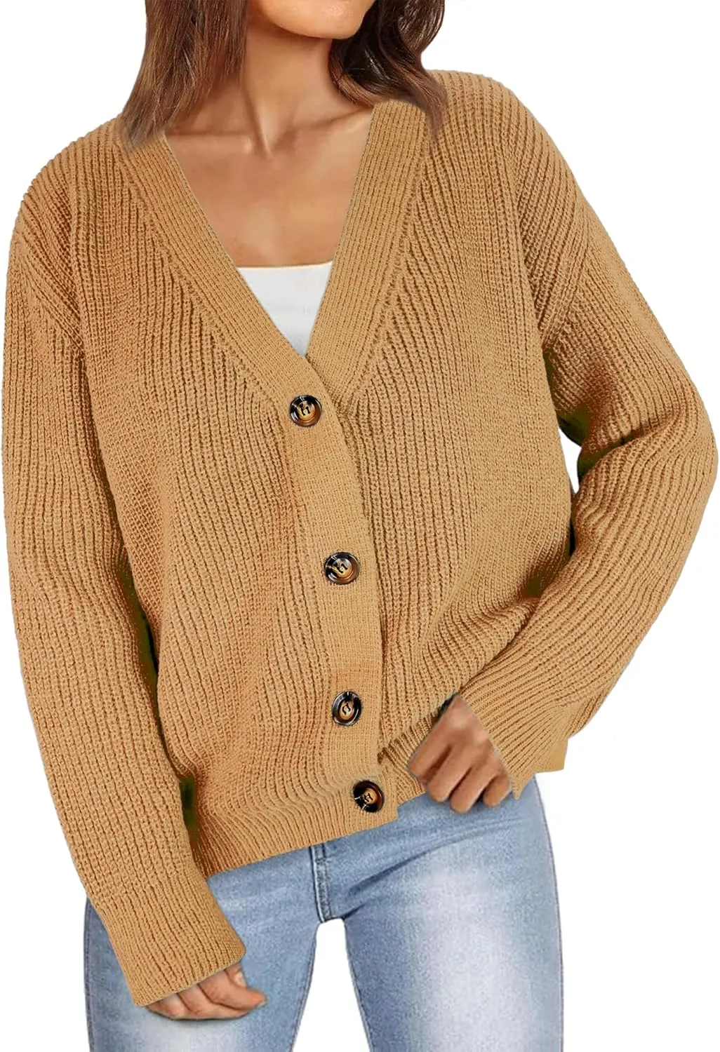 Womens Fall Laies Cute Ribbed Knit V Neck Color Block Striped Button Fake Pocket Long Sleeve Sweater Cardigan 2024