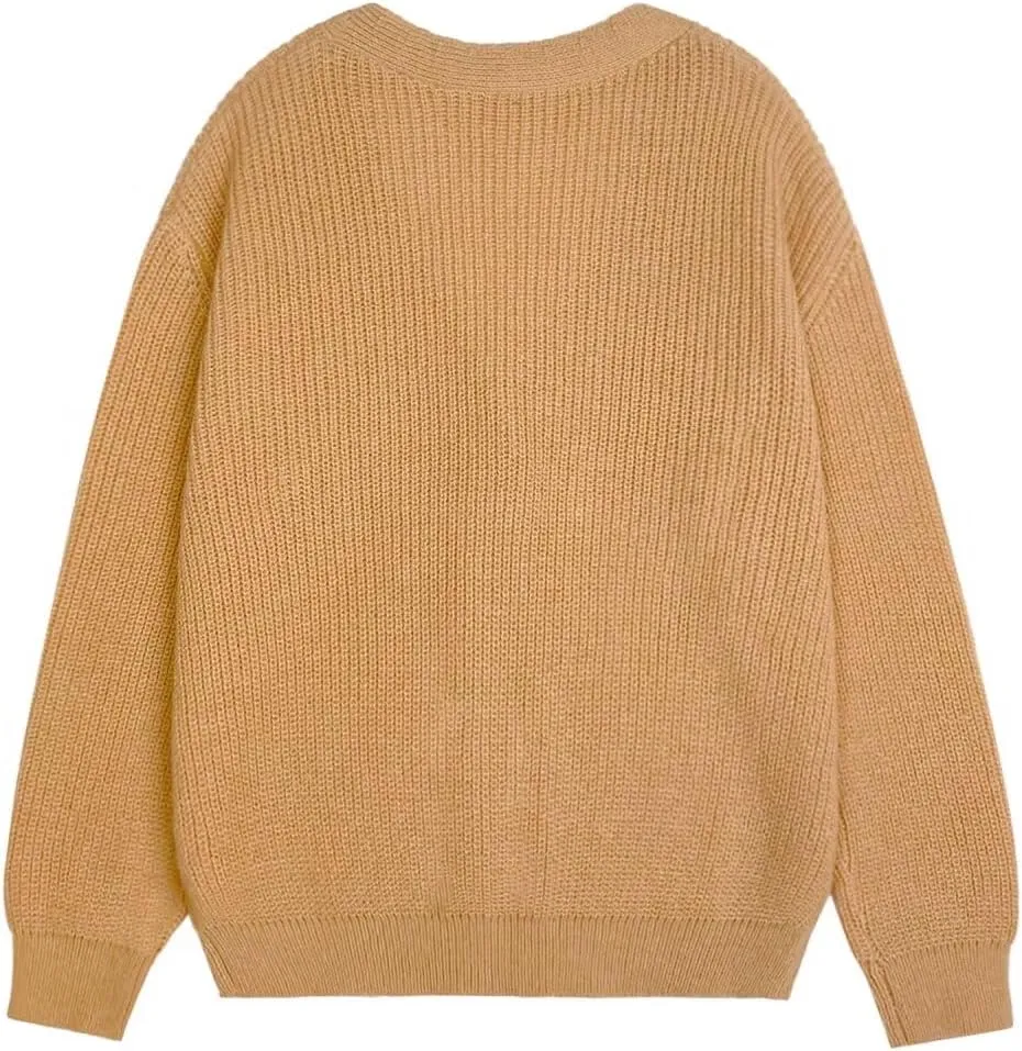 Womens Fall Laies Cute Ribbed Knit V Neck Color Block Striped Button Fake Pocket Long Sleeve Sweater Cardigan 2024