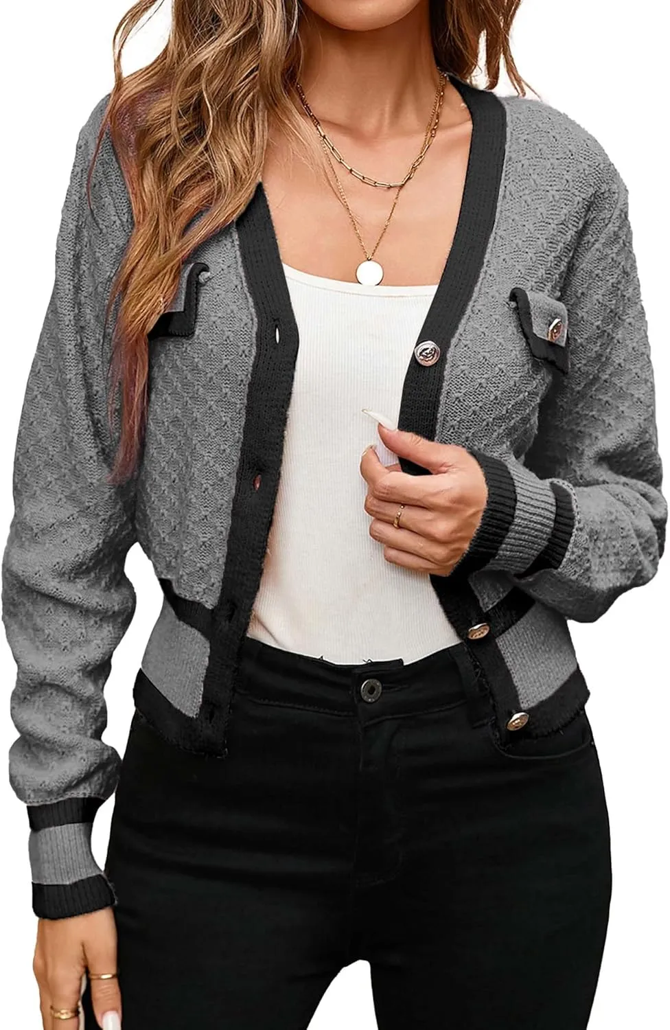 Womens Fall Laies Cute Ribbed Knit V Neck Color Block Striped Button Fake Pocket Long Sleeve Sweater Cardigan 2024
