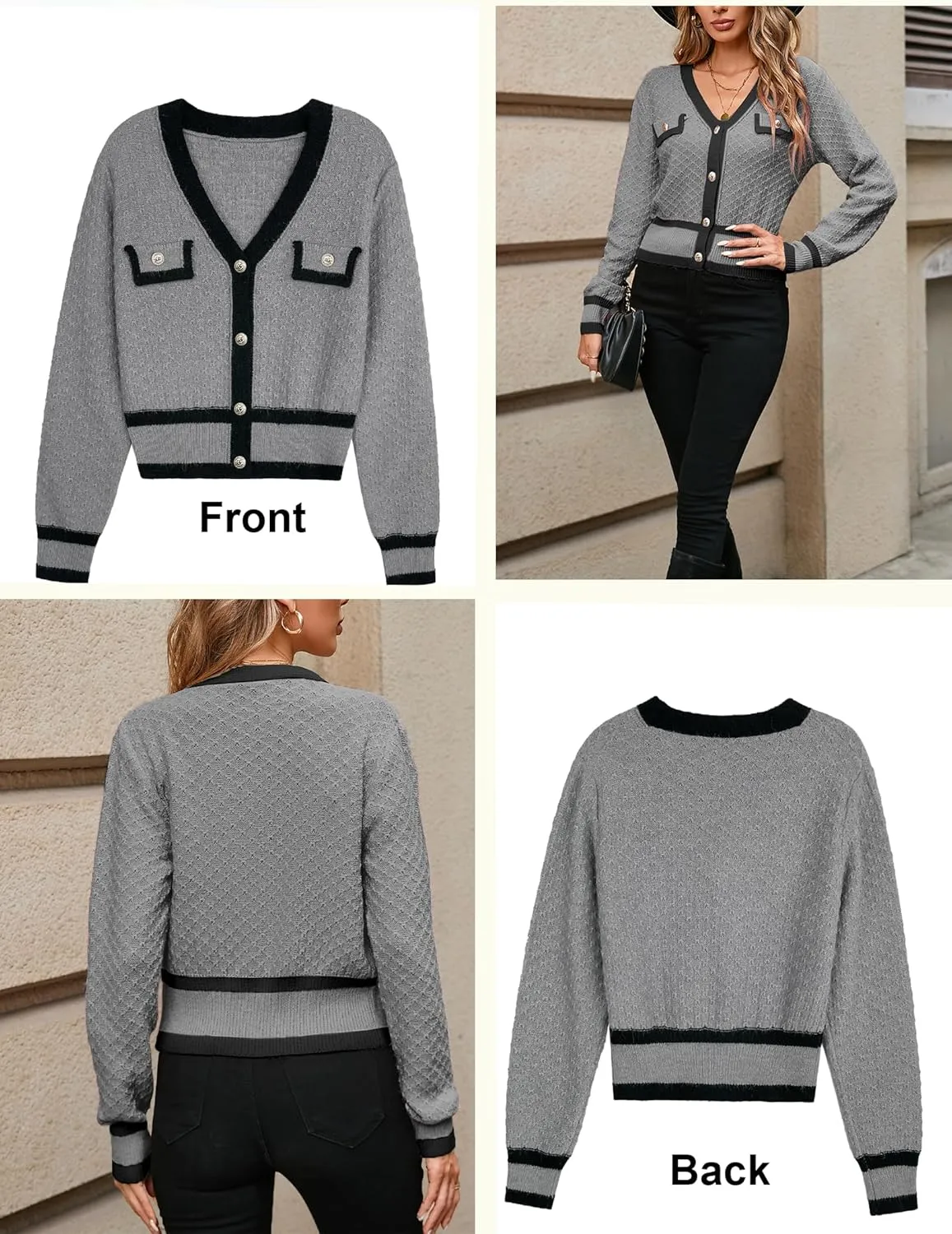 Womens Fall Laies Cute Ribbed Knit V Neck Color Block Striped Button Fake Pocket Long Sleeve Sweater Cardigan 2024