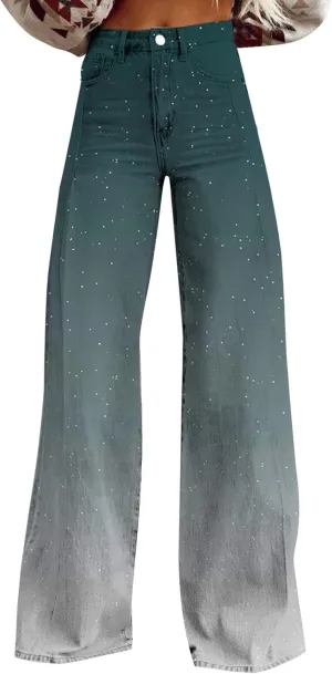 Women's Flare Jeans Wide Leg Baggy Pant 2025 Vintage Floral Print High Waisted Straight Stretch Pants with Pockets