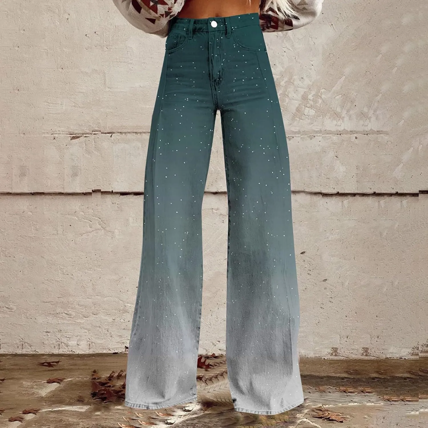 Women's Flare Jeans Wide Leg Baggy Pant 2025 Vintage Floral Print High Waisted Straight Stretch Pants with Pockets