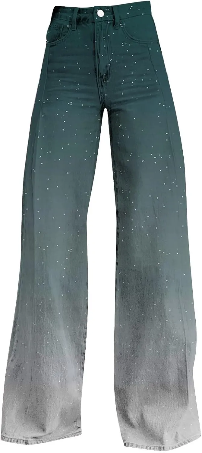 Women's Flare Jeans Wide Leg Baggy Pant 2025 Vintage Floral Print High Waisted Straight Stretch Pants with Pockets