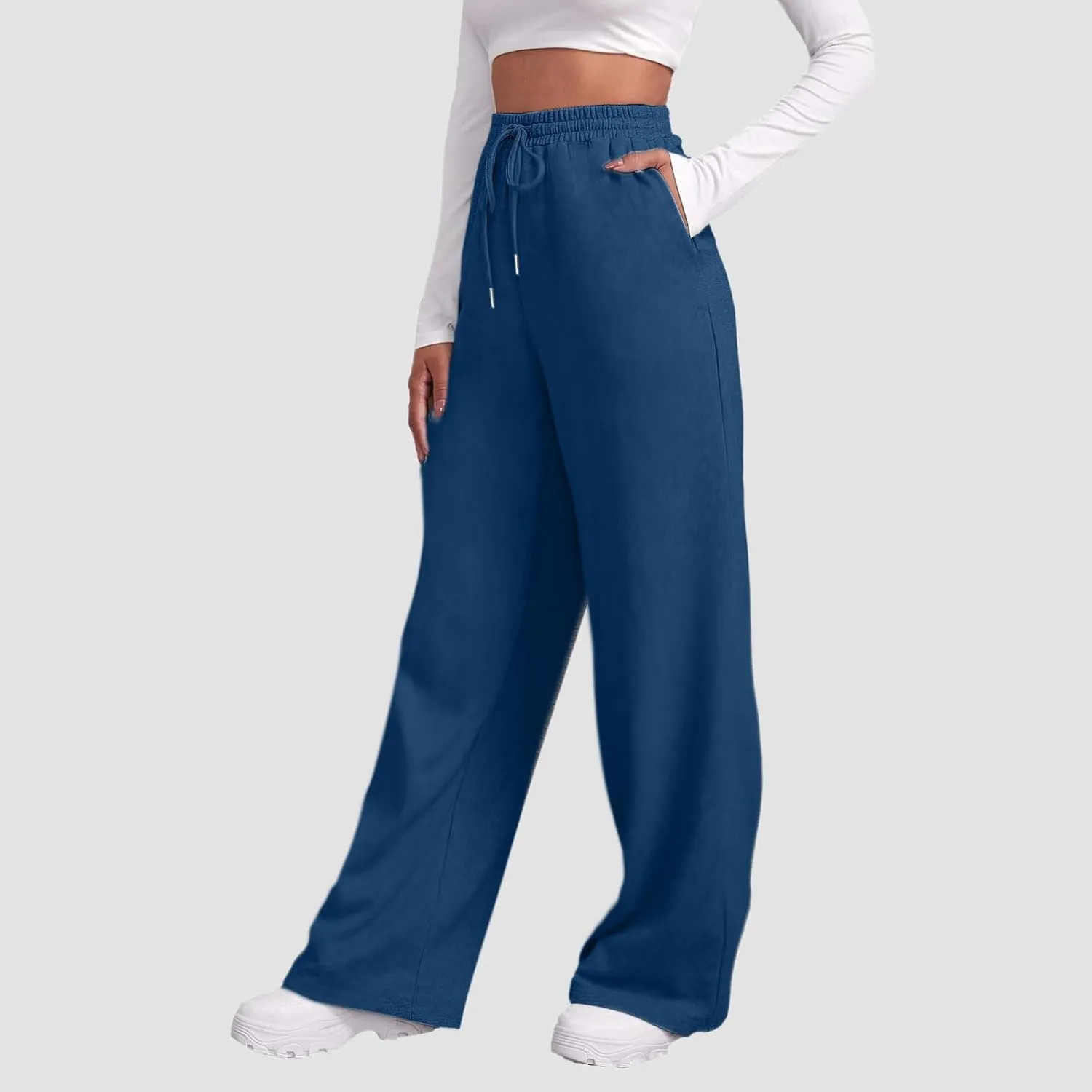 Women's Fleece Lined Sweatpants Baggy Wide Straight Leg Pants High Waist Joggers Drawstring Sweat Pants with Pockets
