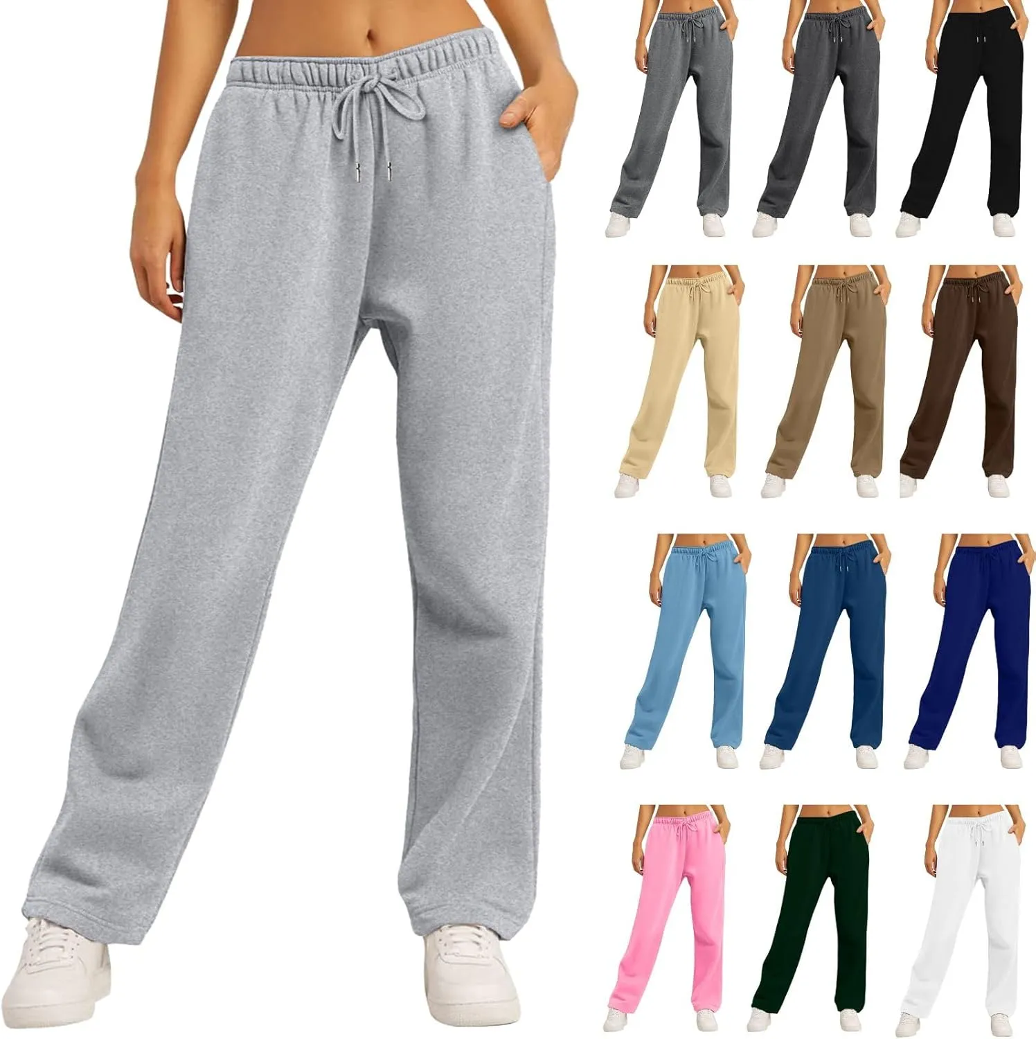 Women's Fleece Lined Sweatpants Baggy Wide Straight Leg Pants High Waist Joggers Drawstring Sweat Pants with Pockets