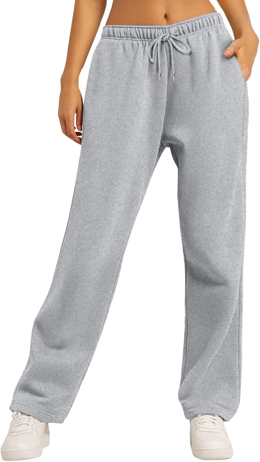 Women's Fleece Lined Sweatpants Baggy Wide Straight Leg Pants High Waist Joggers Drawstring Sweat Pants with Pockets