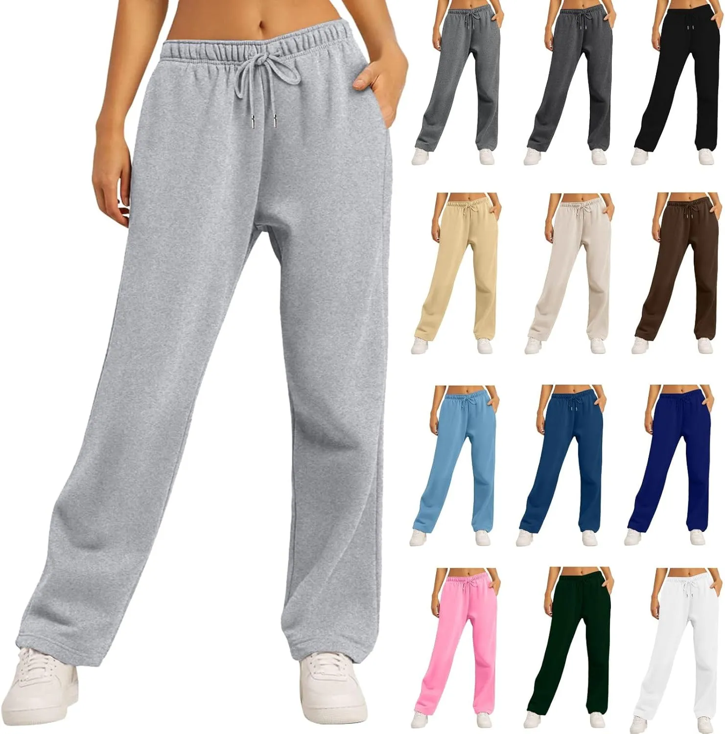 Women's Fleece Lined Sweatpants Baggy Wide Straight Leg Pants High Waist Joggers Drawstring Sweat Pants with Pockets