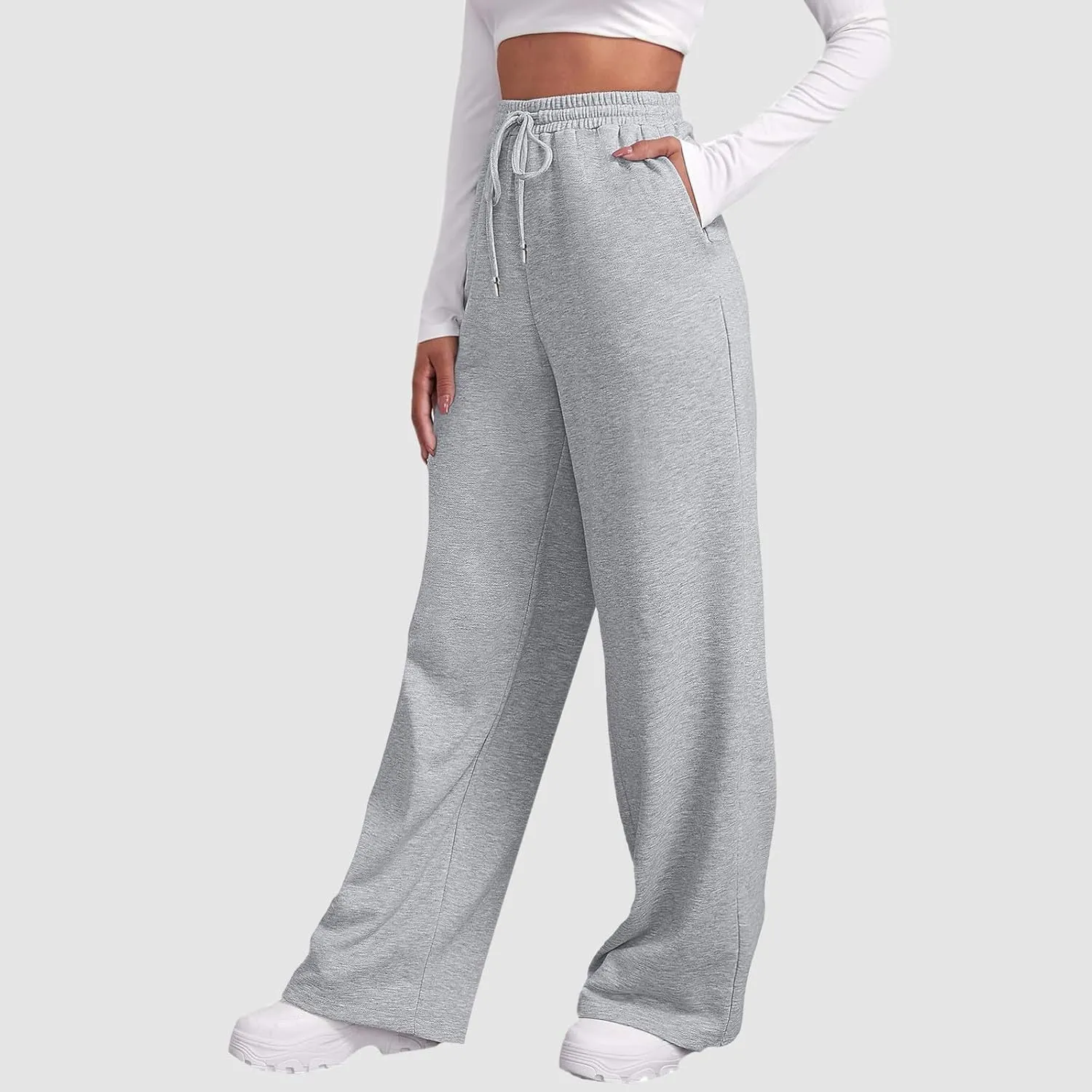 Women's Fleece Lined Sweatpants Baggy Wide Straight Leg Pants High Waist Joggers Drawstring Sweat Pants with Pockets