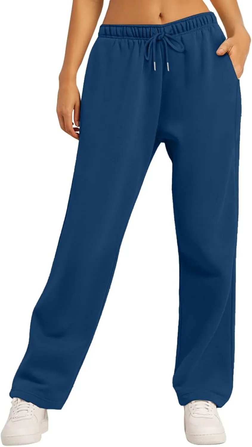 Women's Fleece Lined Sweatpants Baggy Wide Straight Leg Pants High Waist Joggers Drawstring Sweat Pants with Pockets