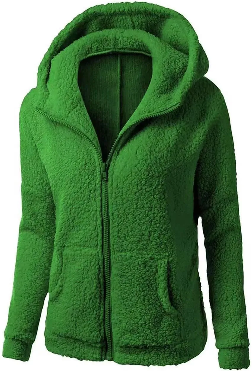 Womens Fluffy Hoodies Sherpa Lightweight Fleece Lined Fall Winter Coats Fuzzy Comfy Warm Plus Size Zip Up Jackets
