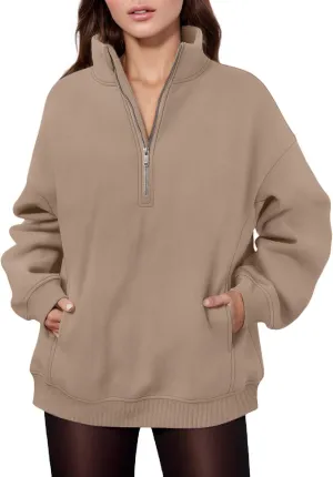 Women's Half Zip Sweatshirts Oversized Loose Long Sleeve Fleece Pullover Workout Warm Fashion Tops with Pocket