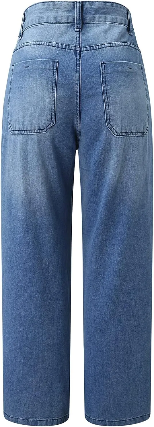 Women's High Waisted Flare Jeans with Belt Bootcut Stretchy Denim Pants Full Length Baggy Ripped Wide-Leg Patchwork Pants